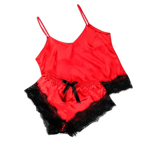 Lovskoo Pajamas Set for Women Sleepwear Sets Lace Satin Bra Camisole Sling Tops Shorts Pajamas Two Piece Set Red
