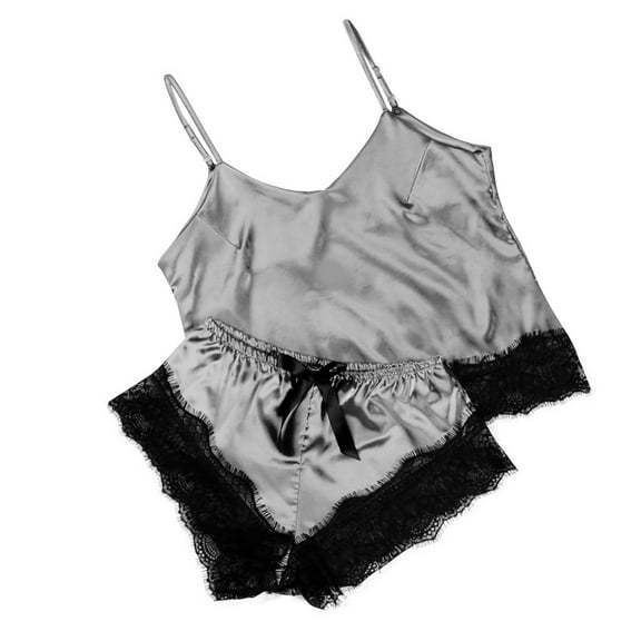 Lovskoo Pajamas Set for Women Sleepwear Sets Lace Satin Bra Camisole Sling Tops Shorts Pajamas Two Piece Set Gray