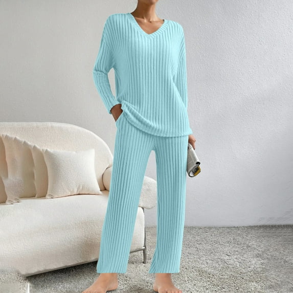 Lovskoo Pajamas for Women Set Ribbed Knit 2 Piece Matching Lounge Sets Long Sleeve Pullover Top and Pants Sleepwear Tracksuit Light Blue M