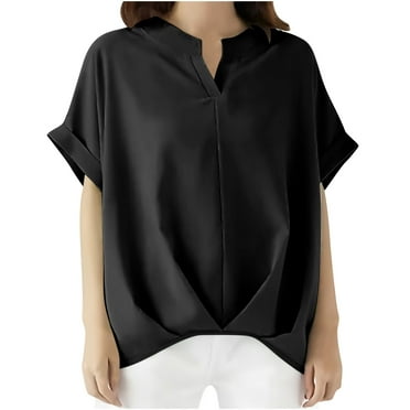 Lovskoo Plus Size Cotton Linen Summer Tops for Women 2024 V Neck Short Sleeve Solid Color Dressy Oversized Top Loose Shirt Black