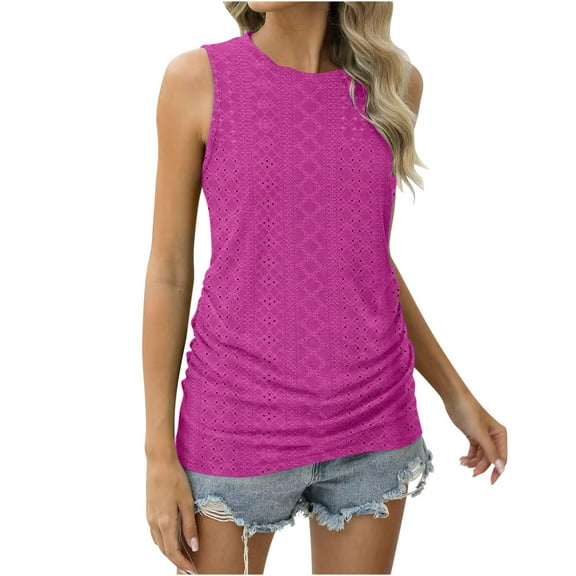 Lovskoo Plus Size Eyelet Summer Tops for Women 2024 Tank Tops Round Neck Sleeveless Loose Casual Solid Color Tank Top In Large Size Hot Pink