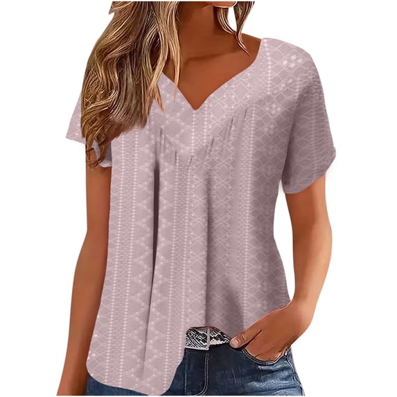 Lovskoo Plus Size Eyelet Summer Tops for Women 2024 V Neck Short Sleeve Solid Color Print Blouse Pullover Tops Blouses Pink