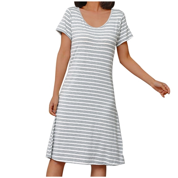 Lovskoo Plus Size Pajamas for Women One Piece Nightgown Suspenders Sling Striped Nightgown Larage Size Home Dress Short Pajama Dress with Chest Pad Thin Style Integrated Loungewear Sleepwear Gray
