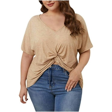 Lovskoo Plus Size Summer Tops for Women 2024 V Neck Short Sleeve Trendy Solid Color Casaul Tops T Shirt Khaki