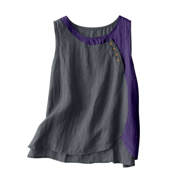 Lovskoo Plus Size Womens Summer Tops 2024 Casual Cotton Linen Tank Tops Color Block Round Neck Loose Sleeveless Shirts Blouses Gray