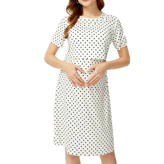 Zwiiyzr Pregnant Womens Maternity Dress Comfortable Short Sleeve Nursing Dress with Polka Dots White