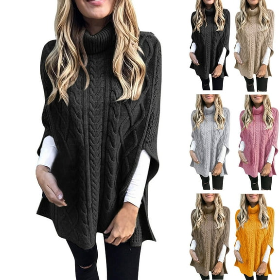 Lovskoo Pullover Shawl Sweaters for Women Trendy Casual Long Sleeve Printed Turtleneck Knit Tops Blouse Khaki