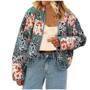 Lovskoo Quilted Ethnic Jackets for Women Cropped Puffer Jacket Cardigan Floral Printed Lightweight Long Sleeve Open Front Short Padded Coats Blue