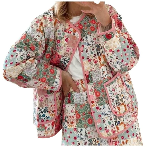 Lovskoo Quilted Ethnic Jackets for Women Puffer Jacket Floral Print Lightweight Long Sleeved Cardigan Short Padding Cotton Jacket Red