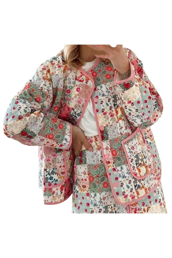 Quilted Ethnic Jackets for Women Puffer Jacket Floral Print Lightweight Long Sleeved Cardigan Short Padding Cotton Jacket Red