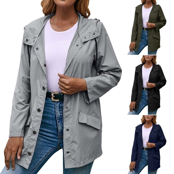 Lovskoo Rain Jackets for Women Waterproof Button Hooded Raincoat Windbreaker Long Sleeve Outdoor Trench Coats Tops Navy