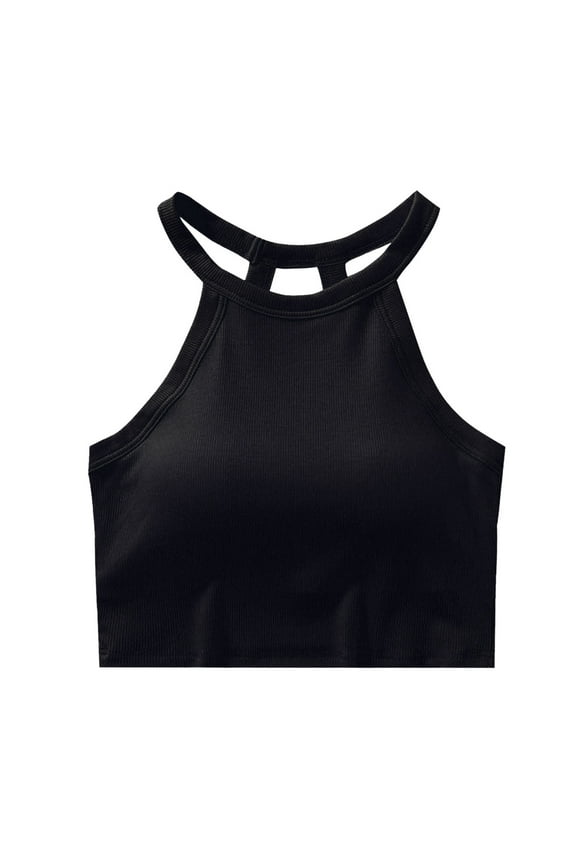 Ribbed Camisole Tops for Women Knit Round Neck Summer Sleeveless Crop Top with Built-In Shelf Bra Halter Neck Wirefree Undershirt Black XL