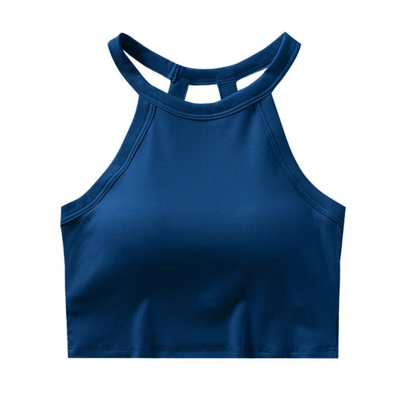 Lovskoo Ribbed Camisole Tops for Women Knit Round Neck Summer Sleeveless Crop Top with Built-In Shelf Bra Halter Neck Wirefree Undershirt Blue M