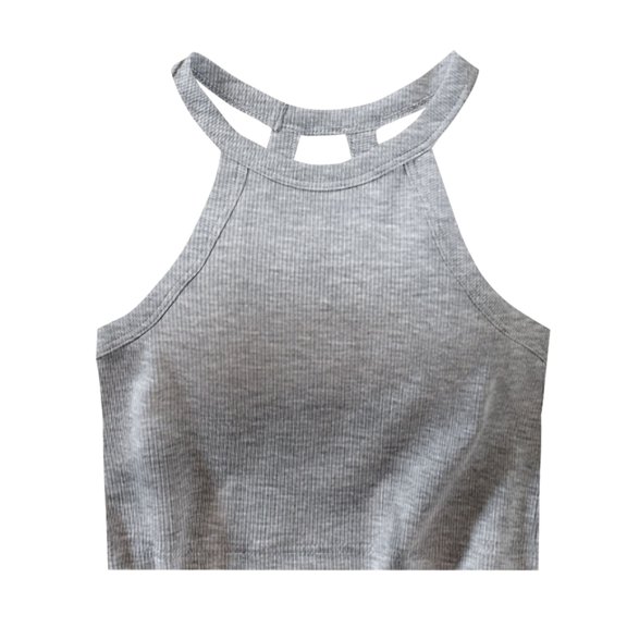Lovskoo Ribbed Camisole Tops for Women Knit Round Neck Summer Sleeveless Crop Top with Built-In Shelf Bra Halter Neck Wirefree Undershirt Gray S