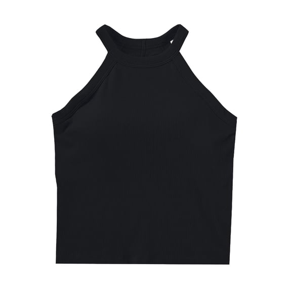 Lovskoo Ribbed Camisole Tops for Women Knit Round Neck Summer Sleeveless Top with Built in Bra Halter Neck Solid Color Bottom Top Black L