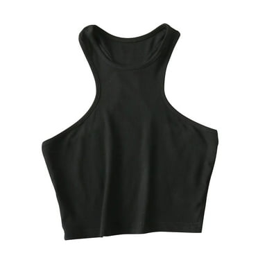 Lovskoo Ribbed Camisole Tops for Women Round Neck Summer Sleeveless Solid Color Spaghetti Strap Slim Bottom Undershirt Tanks Black M