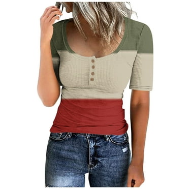 Lovskoo Ribbed Summer Tops for Women 2024 Casual Color Block Knit Basic Tops Slim Short Sleeve Crewneck Tight Shirts Button Up Tee Blouse Olive Green M