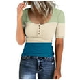 thumbnail image 1 of Lovskoo Ribbed Summer Tops for Women 2024 Casual Color Block Knit Basic Tops Slim Short Sleeve Crewneck Tight Shirts Button Up Tee Blouse Navy M, 1 of 3
