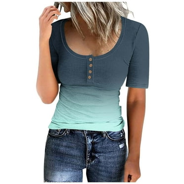 Lovskoo Ribbed Summer Tops for Women 2024 Casual Gradient Knit Basic Tops Slim Short Sleeve Crewneck Tight Shirts Button Up Tee Blouse Olive Green L