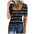 thumbnail image 1 of Lovskoo Ribbed Summer Tops for Women 2024 Casual Stripe Knit Basic Tops Slim Short Sleeve Crewneck Tight Shirts Button Up Tee Blouse Black L, 1 of 3
