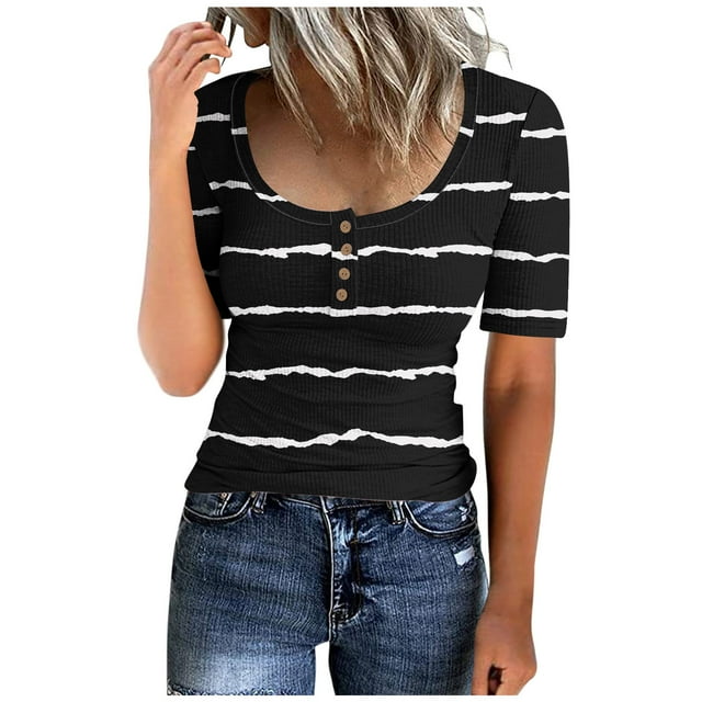 Lovskoo Ribbed Summer Tops for Women 2024 Casual Stripe Knit Basic Tops Slim Short Sleeve Crewneck Tight Shirts Button Up Tee Blouse Black L