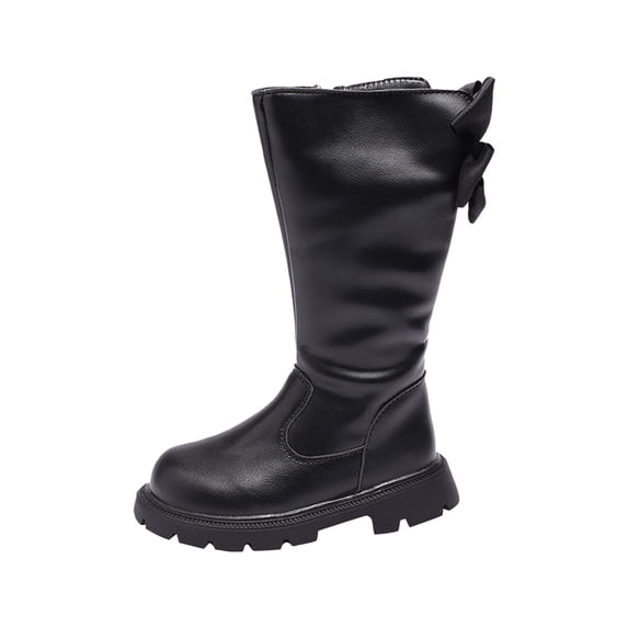 Zwiiyzr Riding Boots for Girls Rhinestone Bow PU Leather Winter Boots With Zipper Closure and Non-Slip Sole for Little Kid & Big Kids Black