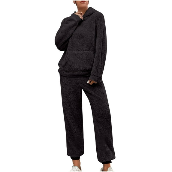 Lovskoo Women's and Men's 2 Piece Pajamas Outfit Fuzzy Fleece Cute Hooded Pajama Set Soft Warm Sleepwear with Pockets A-Black