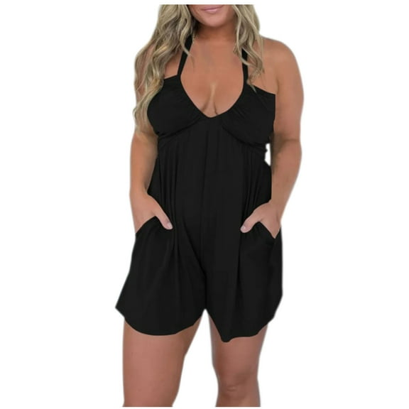 Lovskoo Romper for Women 2024 Summer Halter Neck Spaghetti Strap Jumpsuits Sleeveless Ruched Short Jumpsuit with Pocket Black L