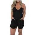 thumbnail image 1 of Lovskoo Romper for Women 2024 Summer Halter Neck Spaghetti Strap Jumpsuits Sleeveless Ruched Short Jumpsuit with Pocket Black XL, 1 of 7