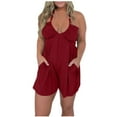 thumbnail image 1 of Lovskoo Romper for Women 2024 Summer Halter Neck Spaghetti Strap Jumpsuits Sleeveless Ruched Short Jumpsuit with Pocket Burgundy 2XL, 1 of 7