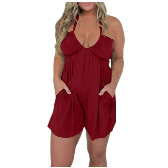 Lovskoo Romper for Women 2024 Summer Halter Neck Spaghetti Strap Jumpsuits Sleeveless Ruched Short Jumpsuit with Pocket Burgundy L