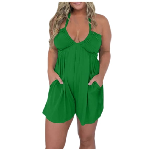 Lovskoo Romper for Women 2024 Summer Halter Neck Spaghetti Strap Jumpsuits Sleeveless Ruched Short Jumpsuit with Pocket Green 2XL