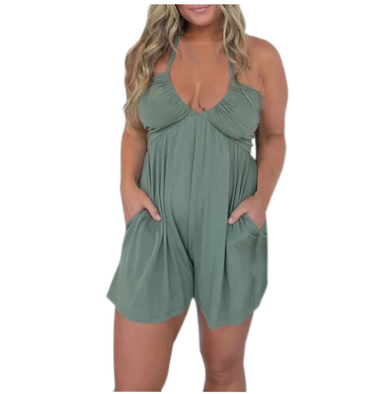 Lovskoo Romper for Women 2024 Summer Halter Neck Spaghetti Strap Jumpsuits  Sleeveless Ruched Short Jumpsuit with Pocket Olive Green M - Walmart.com