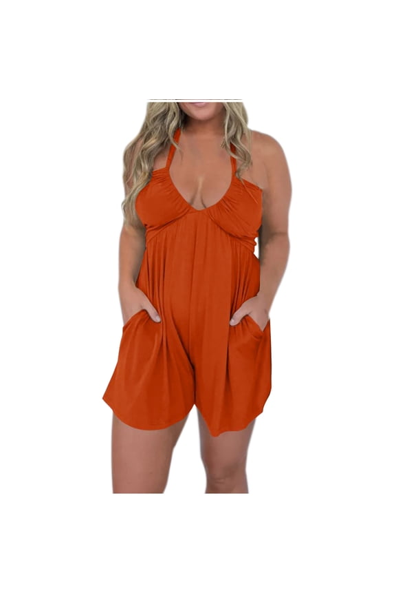 Romper for Women 2024 Summer Halter Neck Spaghetti Strap Jumpsuits Sleeveless Ruched Short Jumpsuit with Pocket Orange 2XL