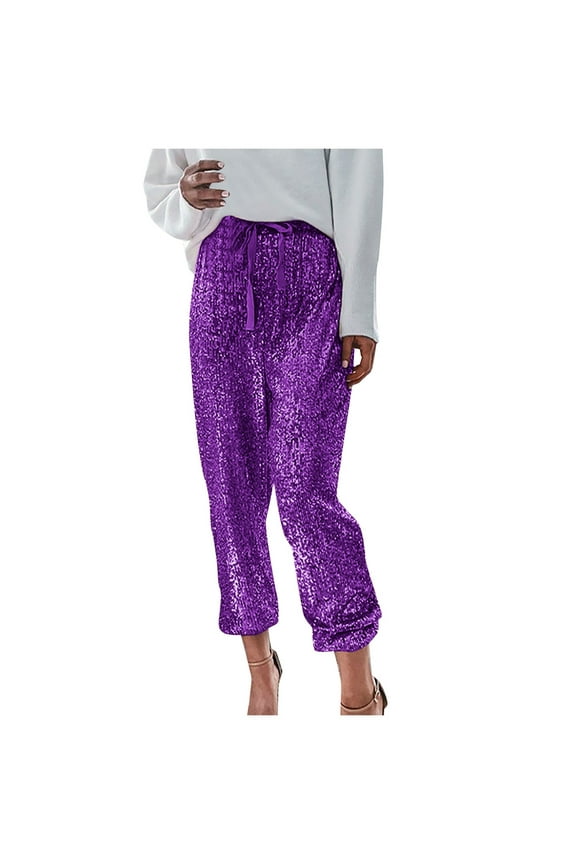 Sequin Pants for Women Solid Color Summer Casual Comfortable Trendy Slimming Loose Pockets Sequin Pants Purple