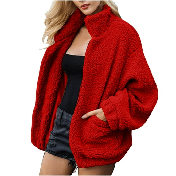 Lovskoo Sherpa Jackets for Women 2023 Plus Size Long Sleeve Zip Up Fall/Winter Plush Long Sleeve Stand-Up Collar Coat Red