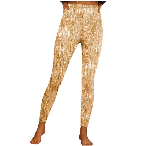 Lovskoo Shiny Sequin Leggings for Women Winter Fall Casual Bright Printed Sports Yoga Pants Leggings Gold M