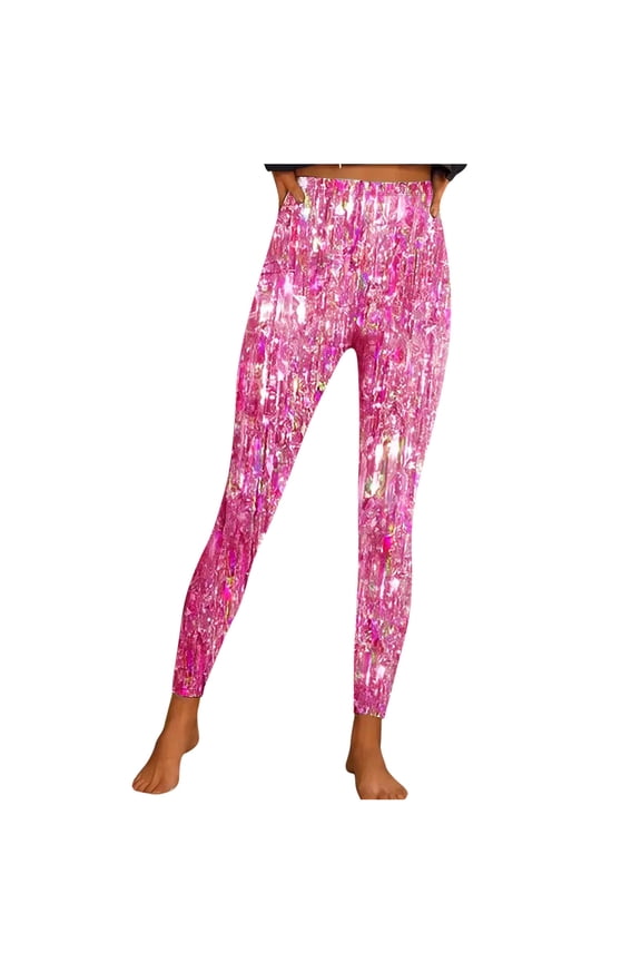 Shiny Sequin Leggings for Women Winter Fall Casual Bright Printed Sports Yoga Pants Leggings Pink 2XL