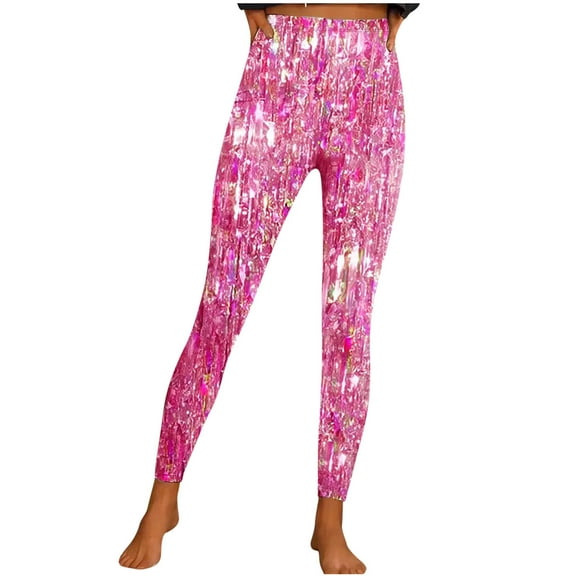 Lovskoo Shiny Sequin Leggings for Women Winter Fall Casual Bright Printed Sports Yoga Pants Leggings Pink S