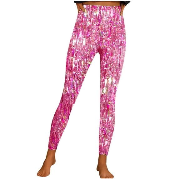 Lovskoo Shiny Sequin Leggings for Women Winter Fall Casual Bright Printed Sports Yoga Pants Leggings Pink XL