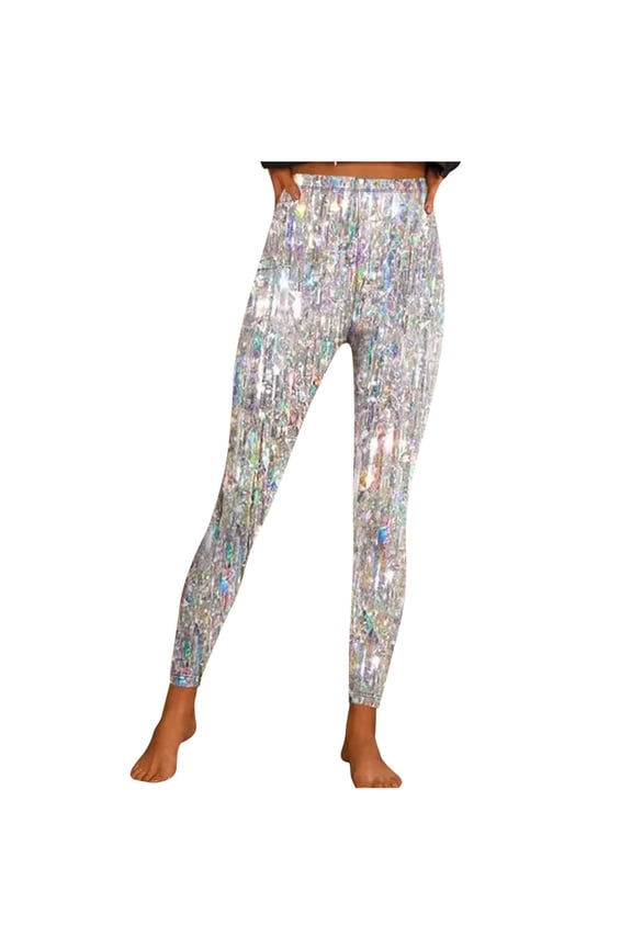 Shiny Sequin Leggings for Women Winter Fall Casual Bright Printed Sports Yoga Pants Leggings Silver 2XL