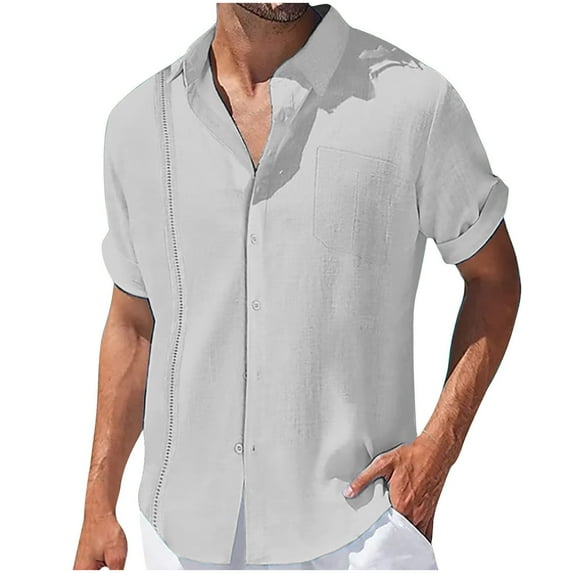 Lovskoo Shirts for Men Collared Short Sleeve Casual Solid Color Pullover Lapel Collar Lace Button Tops T Shirt Blouse with Pocket Vacation Beach Summer Tops Gray