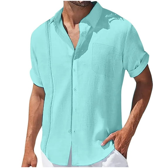 Lovskoo Shirts for Men Collared Short Sleeve Casual Solid Color Pullover Lapel Collar Lace Button Tops T Shirt Blouse with Pocket Vacation Beach Summer Tops Light Blue