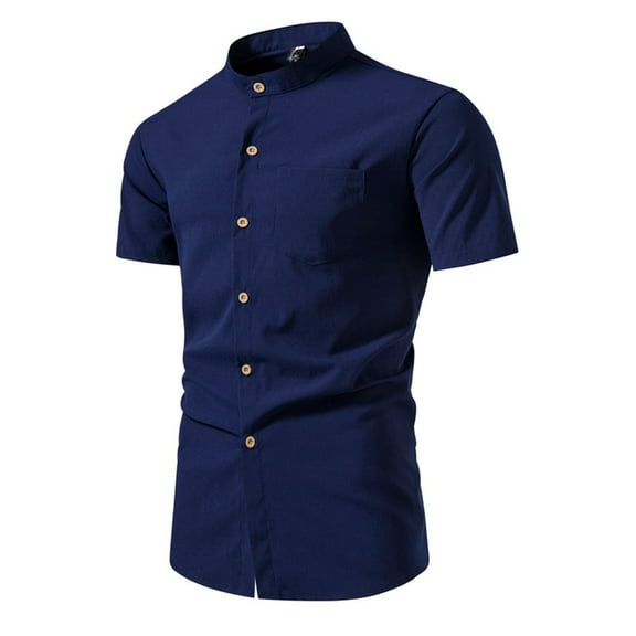 Lovskoo Shirts for Men Cotton and Linen Band Collar Short Sleeve Solid Color Casual Trendy Print Button Shirt Blouse Vacation Beach Summer Tops Dark Blue