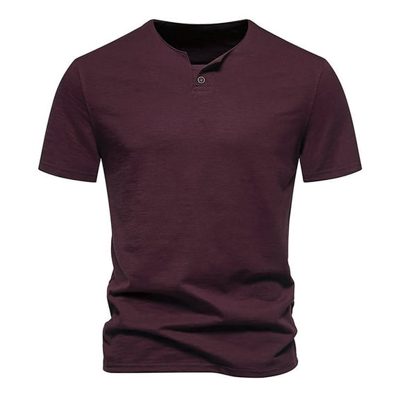 Lovskoo Shirts for Men Round Neck Short Sleeve Button T Shirt Solid Color Loose Breathable Casual T Shirt Top Shirt Vacation Beach Summer Tops Burgundy