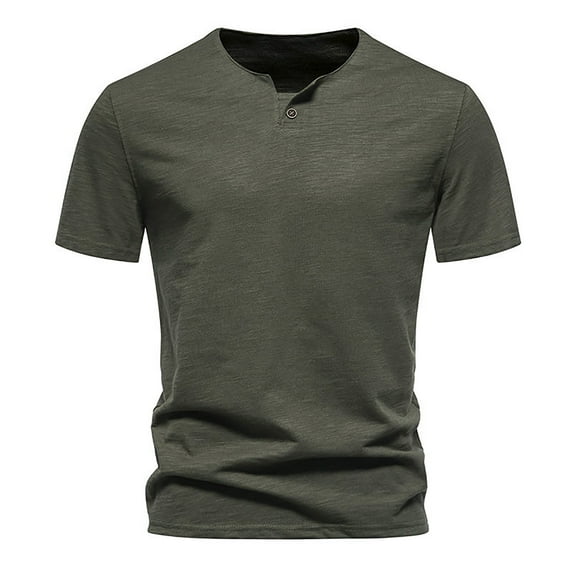 Lovskoo Shirts for Men Round Neck Short Sleeve Button T Shirt Solid Color Loose Breathable Casual T Shirt Top Shirt Vacation Beach Summer Tops Olive Green