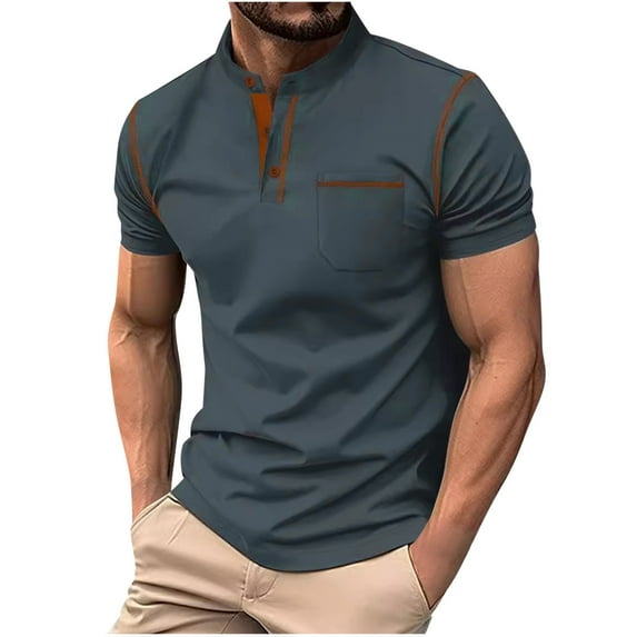 Lovskoo Shirts for Men Band Collar Short Sleeve Solid Color Patchwork Button Up Stand Collar Top Shirt Vacation Beach Summer Tops Gray