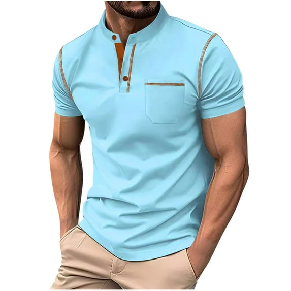 Lovskoo Shirts for Men Band Collar Short Sleeve Solid Color Patchwork Button Up Stand Collar Top Shirt Vacation Beach Summer Tops Light Blue