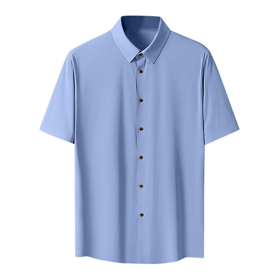 Lovskoo Shirts for Men Collared Short Sleeve Solid Color Button Ice Silk Formal Dress Shirts Vacation Beach Summer Tops Light Blue