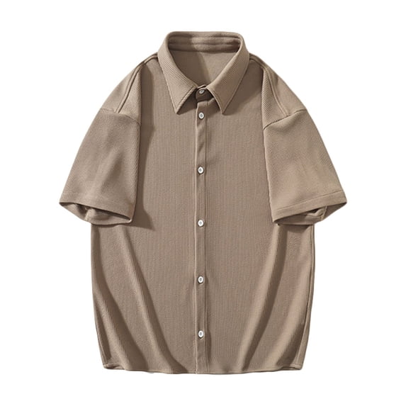 Lovskoo Shirts for Men Collared Short Sleeve Solid Color Button Open Pocket Plaid Shirt Shirt Top Lapel Top Shirt Vacation Beach Summer Tops Coffee